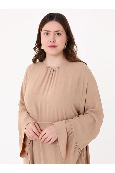 ALİA Plus Size Dress with Flared Skirt and Tie Waist - Beige -