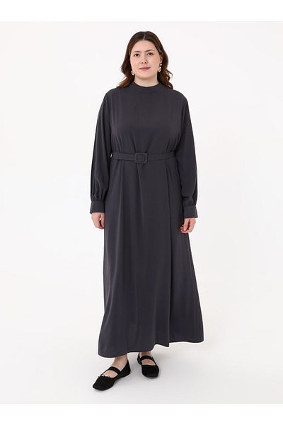ALİA Plus Size Dress with Belt - Anthracite -