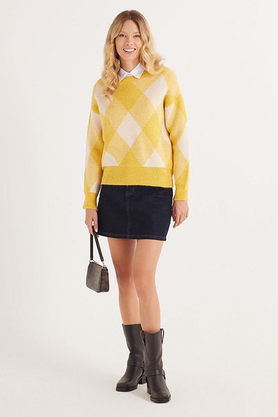 Tudors Women's Slim Fit Slim Fit Crew Neck Patterned Yellow Sweater