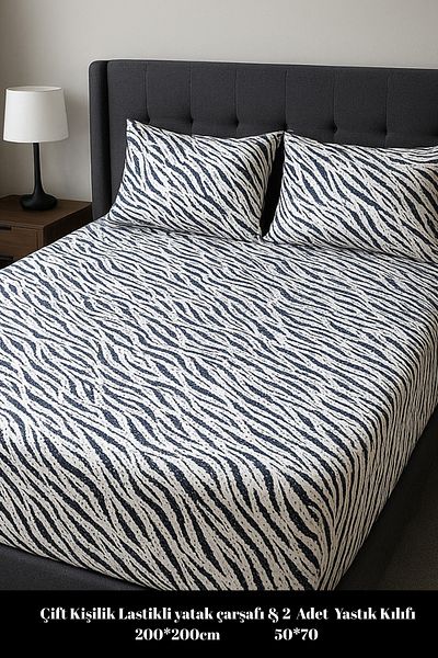 MixCotten Home Elastic Double Bed Sheet + 2 Pillows Patterned Poplin Fabric 160X200 cm and 50X70 cm