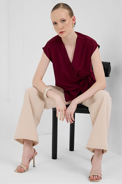 Rays Burgundy Double Breasted Collar Tie Detailed Blouse 8025A