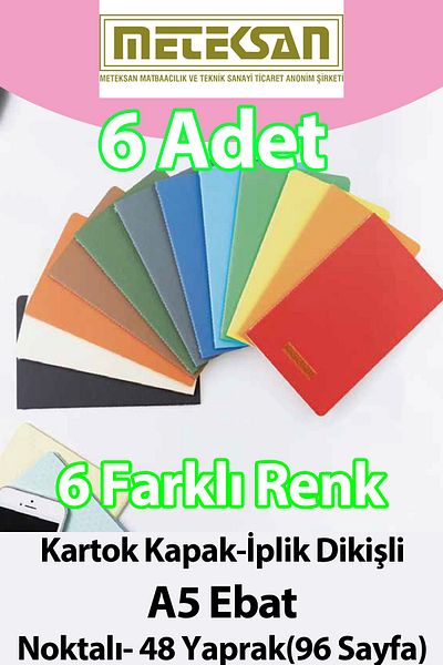 Meteksan 6 Pcs Mixed Color Special Production Notepads Dotted 70 g Ivory Inner Paper Textured Cardboard Cover