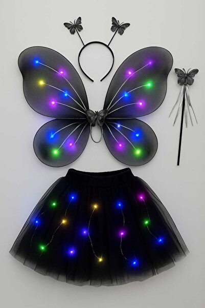 Beryka 2-10 Yaş Kız Çocuk Led Işıklı Kelebek Kanat Peri Kostüm Seti - Siyah