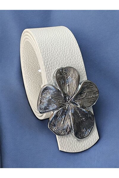 Kemerix Women's Silver Flower Buckle White Belt