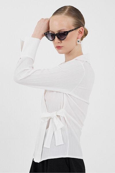 Rays White Front Tie Detail Long Sleeve Blouse 8019A