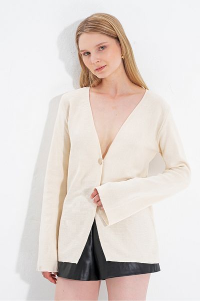 NATUFIAN STORE Women's 2 Button V Neck Sleeve Slit Back Seersucker Loose Knitwear Cardigan