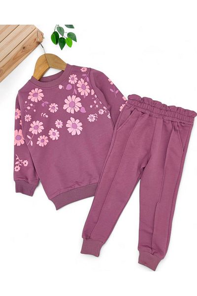 Ege Bebek Girls' Seasonal, Floral Printed Grassed Tracksuit Bottoms, 2-10 Years Old 2 Thread Tracksuit Set