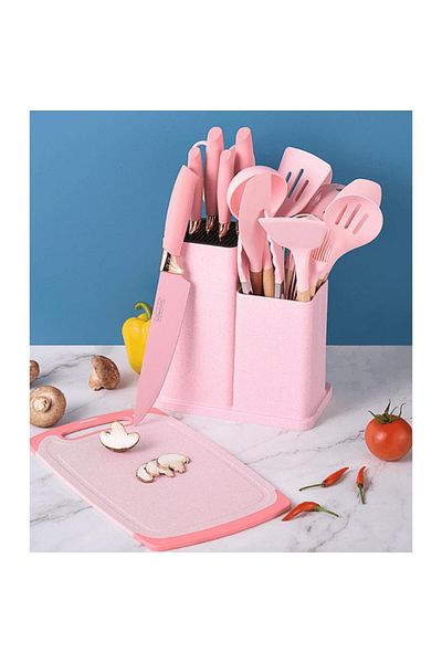 VAV GET 19-Piece Pink Kitchen Knife & Silicone Utensil Set with Storage Rack, Cutting Board & Tools