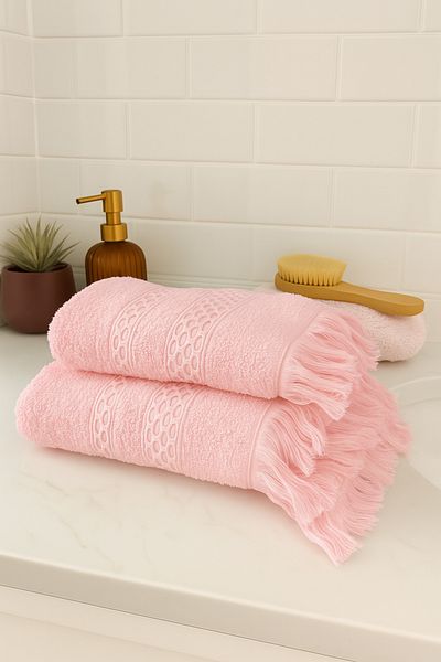 Bonny Home Waffle Fringed Cotton 2-Piece Bath and Hand-Face Towel Set