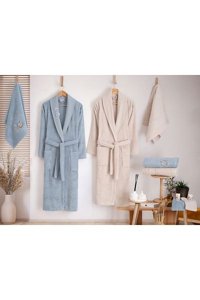 Nurpak 10-Piece Couple Bathrobe Set 100% Turkish Cotton Fragranced Family Bathrobe & Towels Gift Set