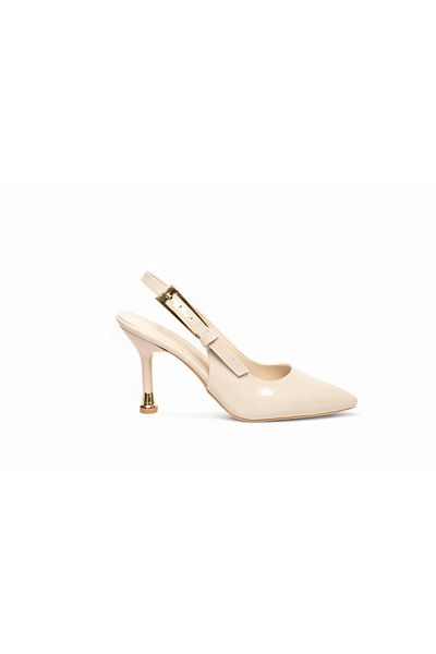 ELAIA SHOES Velora Beige Patent Leather Thin Heeled Gold Buckle Heeled Shoes
