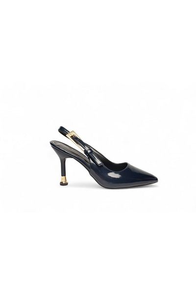 ELAIA SHOES Velora Navy Blue Patent Leather Thin Heeled Gold Buckle Heeled Shoes