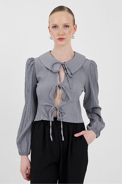 Rays Gray Tie Detail Baby Collar Long Sleeve Blouse 8020A
