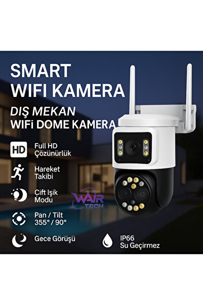 Wair Teknoloji IP66 Su Geçirmez Wi-Fi Güvenlik Kamerası – Çift Lens, Uzaktan Kontrol, Sesli & Işıklı Alarm
