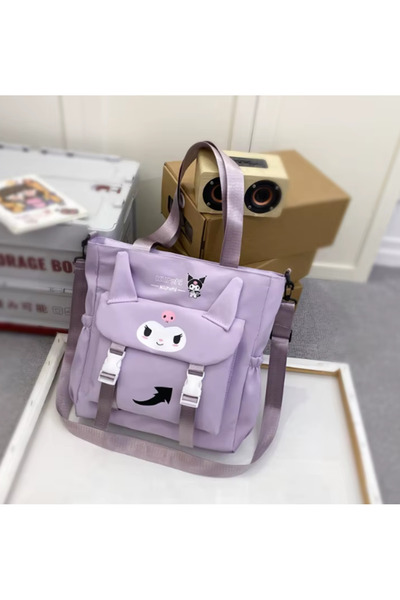 NETAVANTAJ Geantă de școală de umăr din pânză mov cu figurină Kuromi