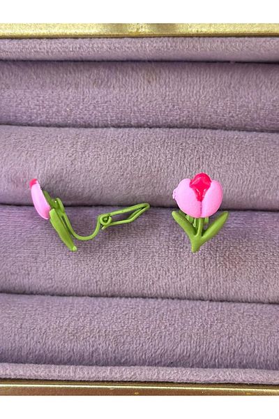 BY YASİN TOPÇU Pink Flower Figured Children's Earring (Pop-Up Clip-On)