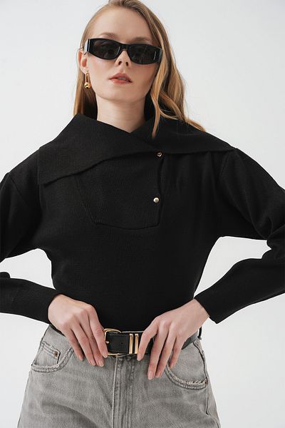 Merterium Women's Wide Collar Knitwear Sweater Black 1246