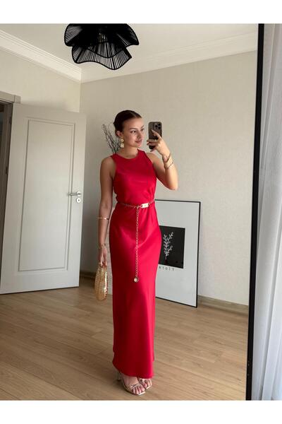 BAŞARAN Kırmızı Saten Elbise