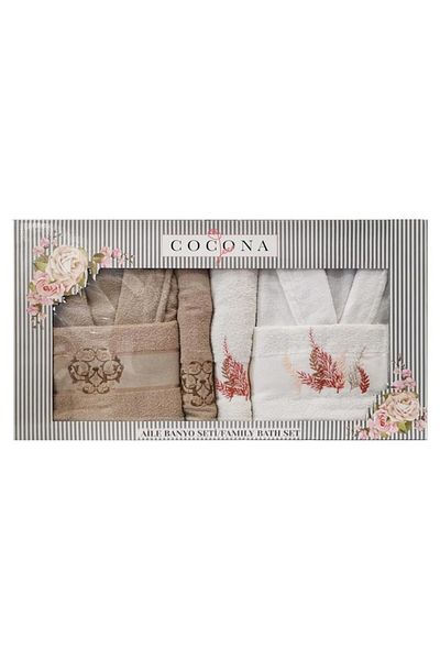 OEM Cocona bathrobe set, decorative embroidery, 100% cotton, 6 pieces - 2 bathrobes, 4 towels, white colors