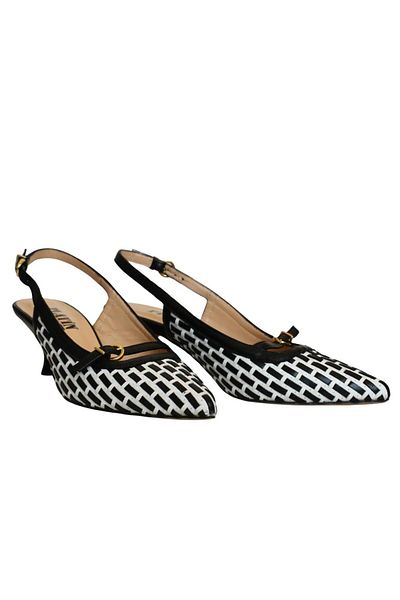 Platin Black White Leather Knitted Women's Back Open Heeled Shoes
