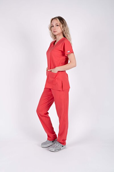 ACAR İŞ TEX Pomegranate Flower Lycra Women's Nurse and Doctor Uniform Set Scrubs Hospital Uniform