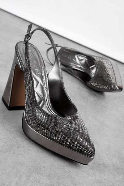 MY DERİ Yady Women's Shiny Stone Detailed Thick Platform Evening Dress Heeled Shoes 4116