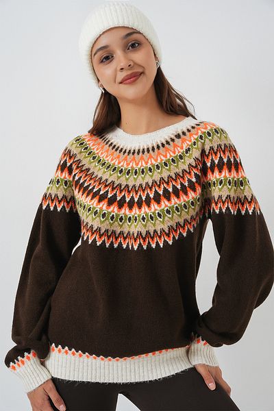 Merterium Women's Patterned Knitwear Sweater Brown 1249