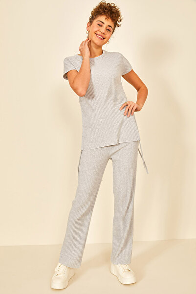 EYYE Gray Women's Cotton Side Gathered Ribbed Top and Bottom Set