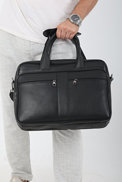 Erzeno حقيبة جلدية أصلية سوداء وحقيبة كمبيوتر محمول / حقيبة كمبيوتر محمول كبيرة الحجم بحزام طويل / 15.6 بوصة