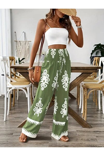 ALPACO Pantaloni cu imprimeu dintr-o singură piesă pentru femei talie înaltă cu model etnic cu șnur -COLECȚIE