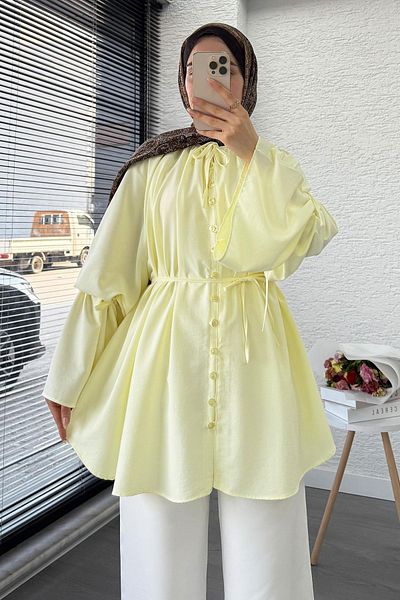 MELEK ARAZ Flywheel Sleeve Full Button Urla Tunic – Yellow