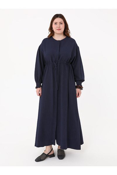 ALİA Plus Size Dress with Tie Waist and Front Placket - Navy Blue -