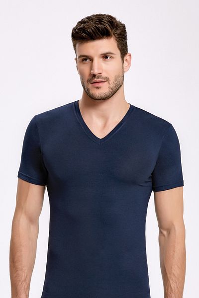 ROZELT Men's Navy Blue V-Neck T-Shirt 2-Piece Bamboo Lycra