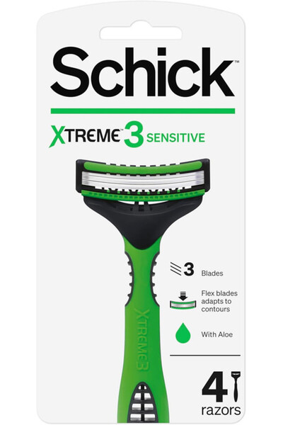 Schick Xtreme3 Sensitive Tripple Blade Disposable Razor For Men-Strip Enriched Aloe Vera-4 Razors