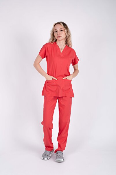ACAR İŞ TEX Pomegranate Flower Lycra Women's Nurse and Doctor Uniform Set Scrubs Hospital Uniform