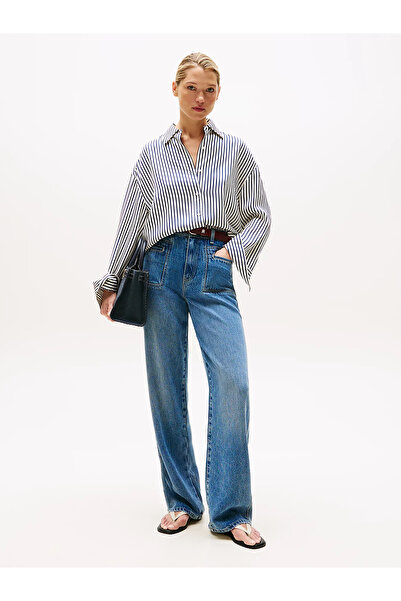 Tommy Hilfiger Kadın Gömlek Yaka Çizgili Uzun Kol Regular Fit Beyaz Gömlek WW0WW45888-0FD