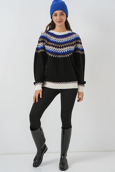 Merterium Women's Patterned Knitwear Sweater Black 1249