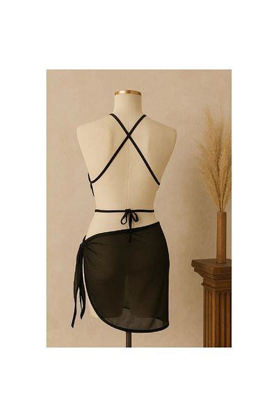 ALFA AKSESUAR 03 Smk Shop Women's Black Cross Tie Crop and Pareo Set of 2