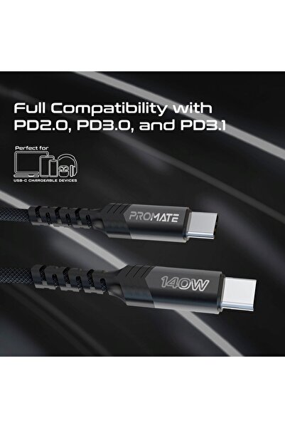 Promate 140w Fabric braided high-speed usb-c to dual usb-c cable black