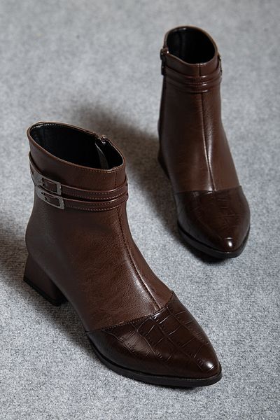 AYENDE MODA Women's Leather Look Brown Boots – Zippered, Side Buckle, Comfortable Ankle Length Boots