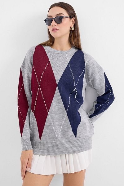 Merterium Women's Patterned Oversize Knitwear Sweater Gray 1240