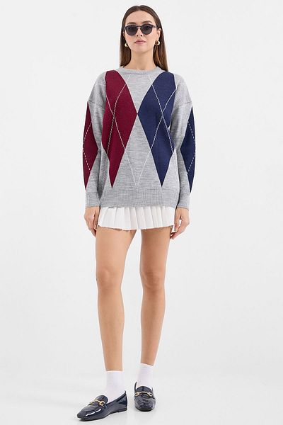 Merterium Women's Patterned Oversize Knitwear Sweater Gray 1240