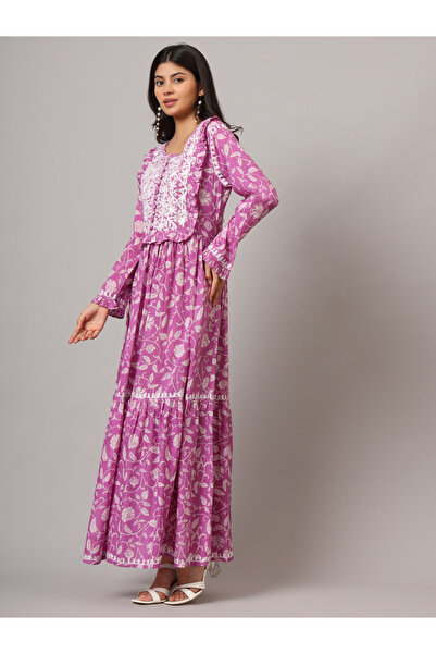 alaya Hand Embroidered Chikankari A-Line Gathering Pattern Mulmul Cotton Jalabiya-AL3941