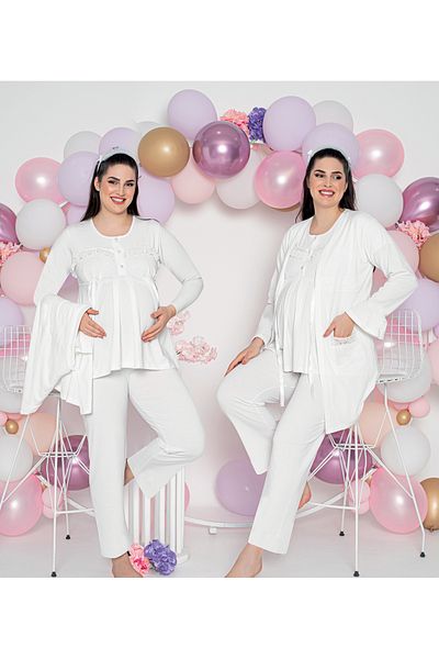 JENİKA Long Sleeve Lace and Ribbon Detailed Maternity & Maternity 3-Piece Cotton Pajama Set