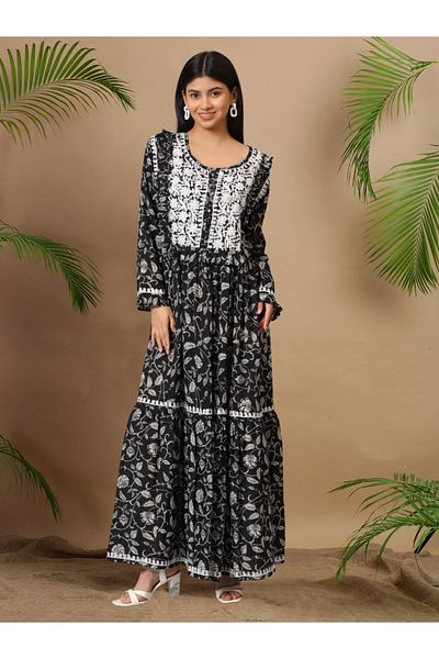 alaya Hand Embroidered Chikankari A-Line Gathering Pattern Mulmul Cotton Jalabiya-AL3941