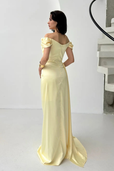 Feminist Drape Detaylı Saten Kumaş Abiye Elbise Sarı 9704858