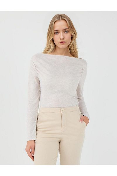Jimmy Key Beige Long Sleeve Boat Neck Knitted Blouse