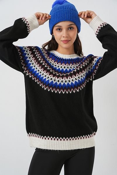 Merterium Women's Patterned Knitwear Sweater Black 1249