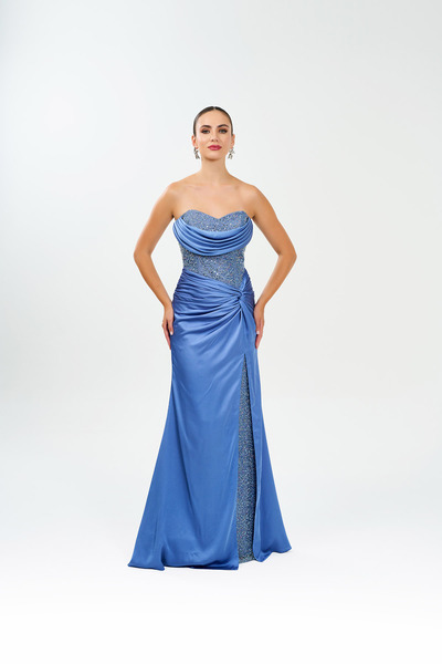 BDM Exclusive Straplez Drapeli Saten Kumaşlı Cepsiz Astarlı Abiye Elbise