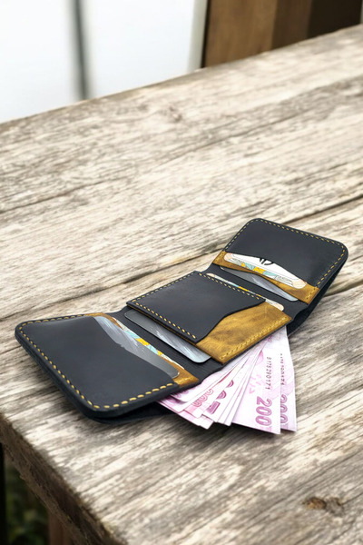 Leather Genuine Leather Camel/Black Unisex Handmade Wallet
